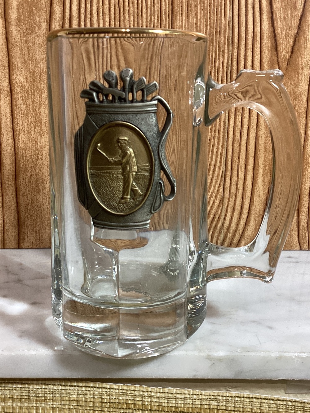Glass Beer Stein Mug with Golf Emblem - Clear Raised Metal Medallion